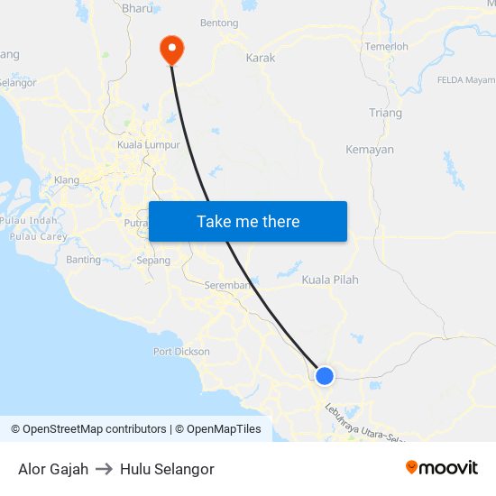 Alor Gajah to Hulu Selangor map