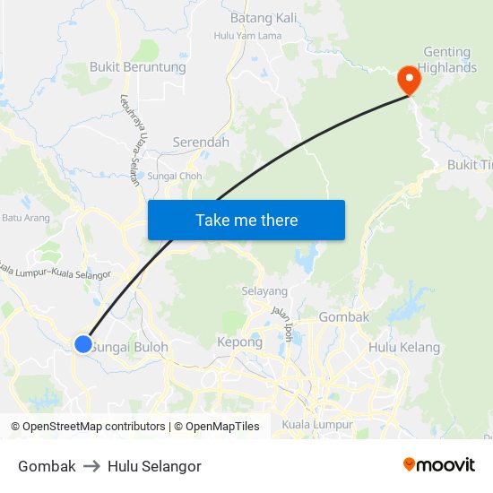 Gombak to Hulu Selangor map