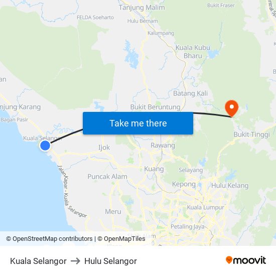 Kuala Selangor to Hulu Selangor map