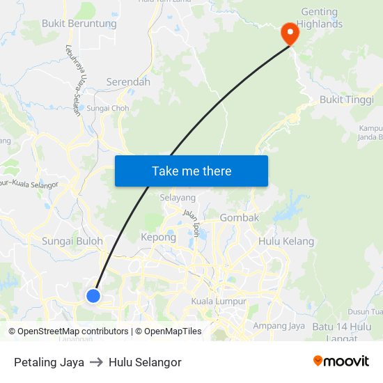 Petaling Jaya to Hulu Selangor map