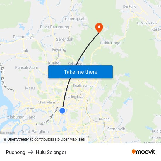 Puchong to Hulu Selangor map