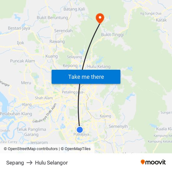 Sepang to Hulu Selangor map