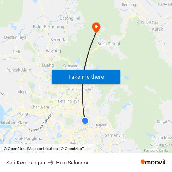 Seri Kembangan to Hulu Selangor map