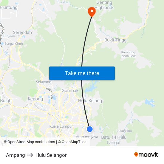 Ampang to Hulu Selangor map
