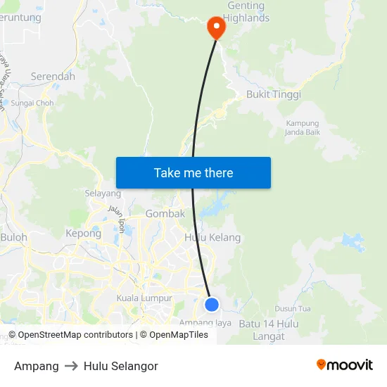Ampang to Hulu Selangor map