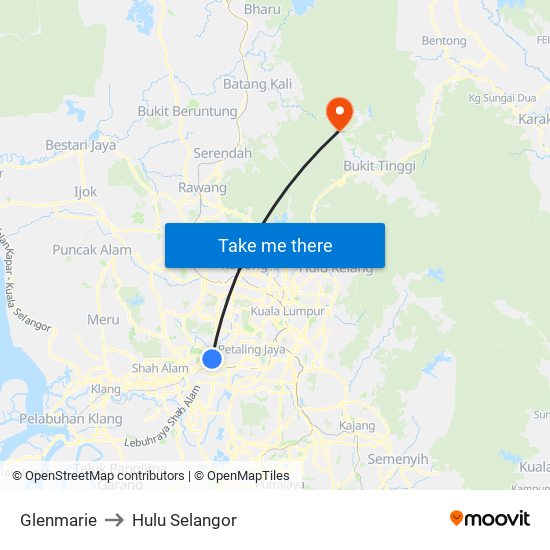 Glenmarie to Hulu Selangor map