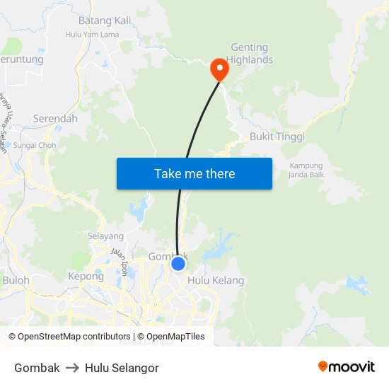 Gombak to Hulu Selangor map