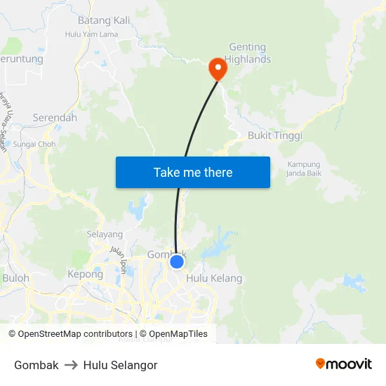 Gombak to Hulu Selangor map