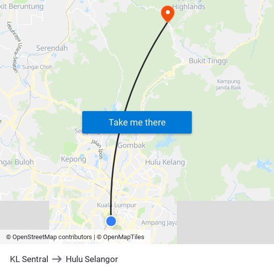 KL Sentral to Hulu Selangor map