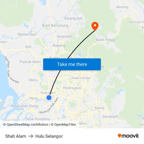 Shah Alam to Hulu Selangor map