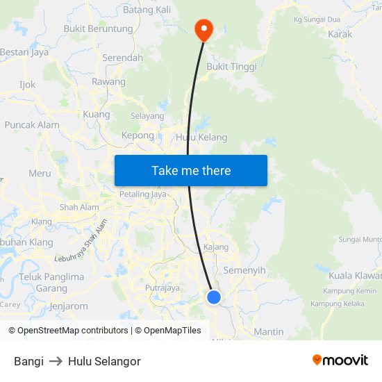 Bangi to Hulu Selangor map