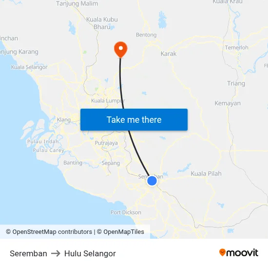 Seremban to Hulu Selangor map