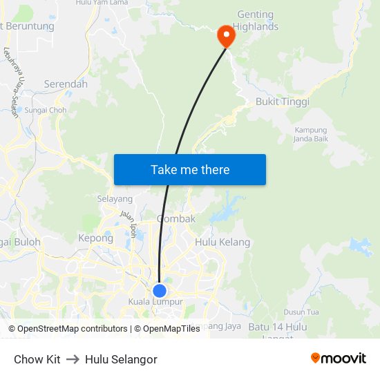 Chow Kit to Hulu Selangor map