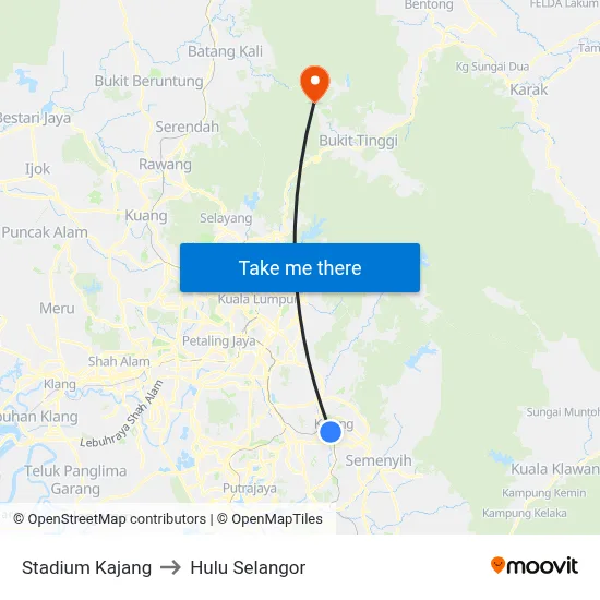 Stadium Kajang to Hulu Selangor map