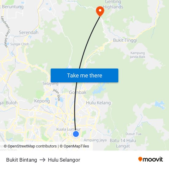 Bukit Bintang to Hulu Selangor map