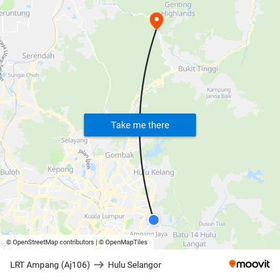 LRT Ampang (Aj106) to Hulu Selangor map