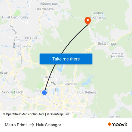 Metro Prima to Hulu Selangor map