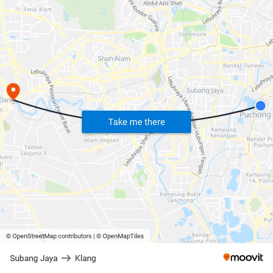 Subang Jaya to Klang map