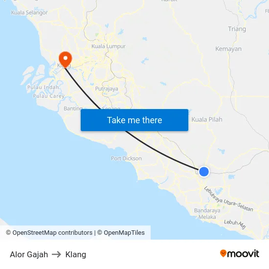 Alor Gajah to Klang map