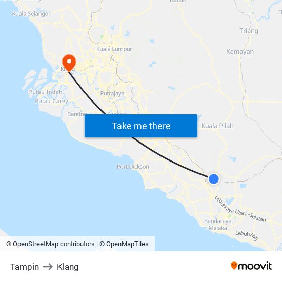 Tampin to Klang map