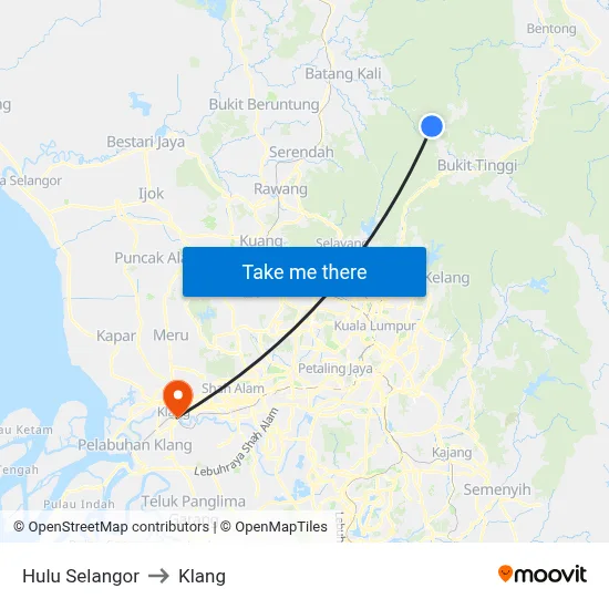 Hulu Selangor to Klang map