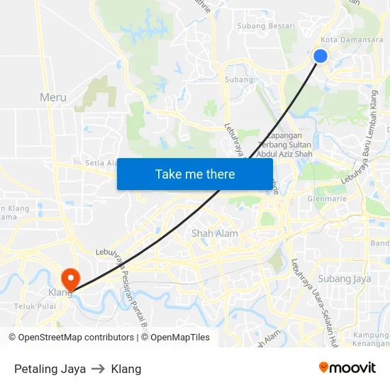 Petaling Jaya to Klang map