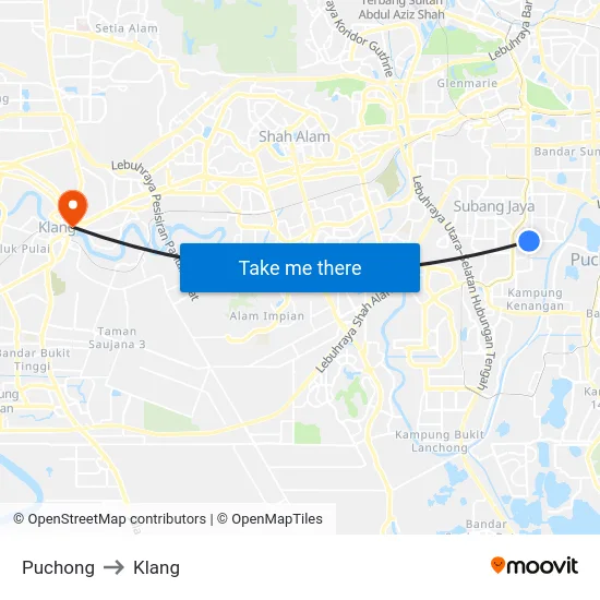 Puchong to Klang map