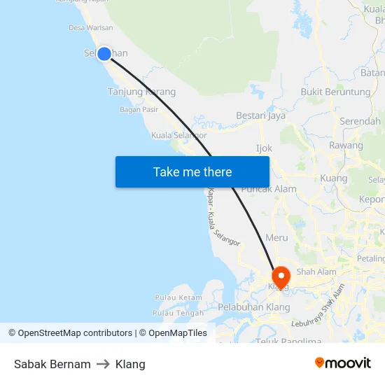 Sabak Bernam to Klang map