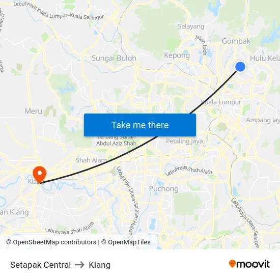 Setapak Central to Klang map