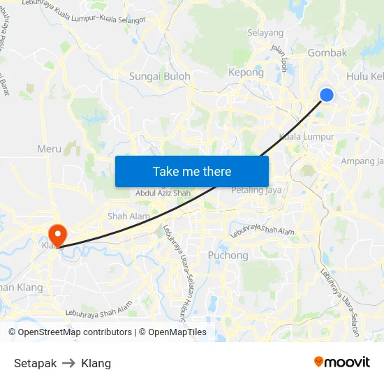 Setapak to Klang map