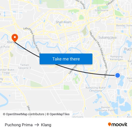 Puchong Prima to Klang map