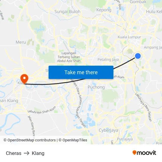 Cheras to Klang map