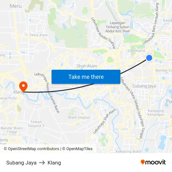 Subang Jaya to Klang map