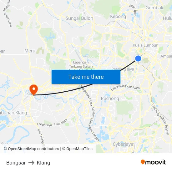 Bangsar to Klang map