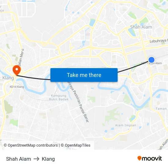 Shah Alam to Klang map
