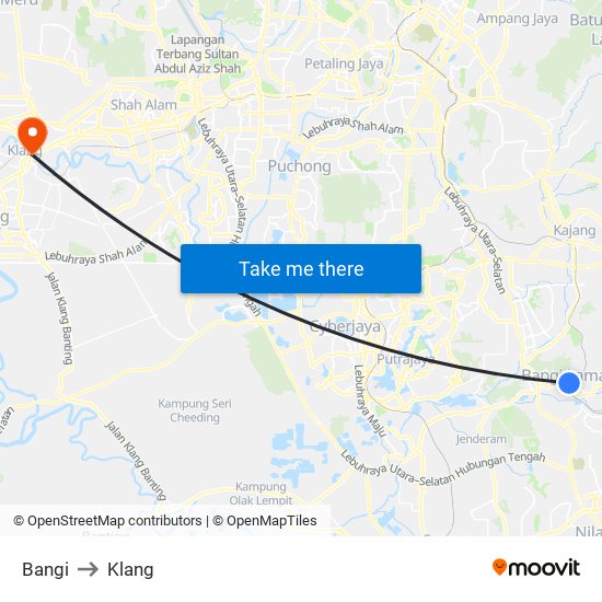 Bangi to Klang map