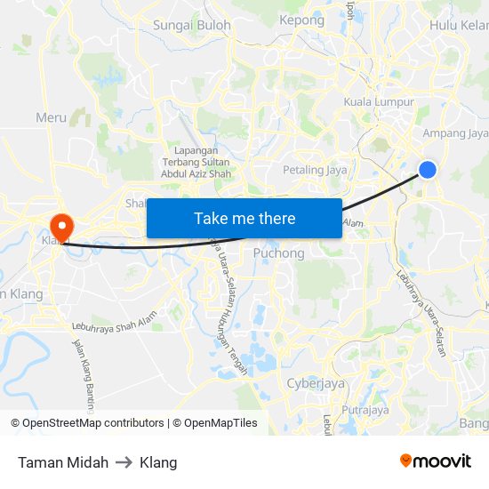 Taman Midah to Klang map
