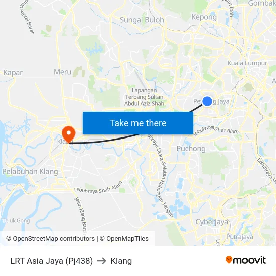 LRT Asia Jaya (Pj438) to Klang map
