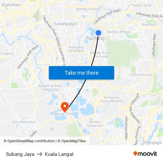 Subang Jaya to Kuala Langat map