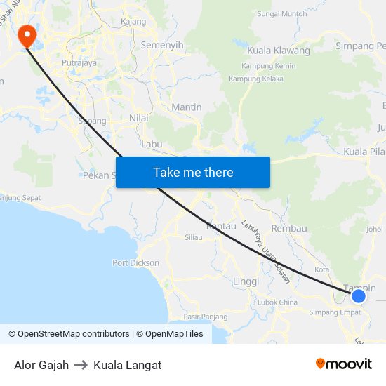 Alor Gajah to Kuala Langat map