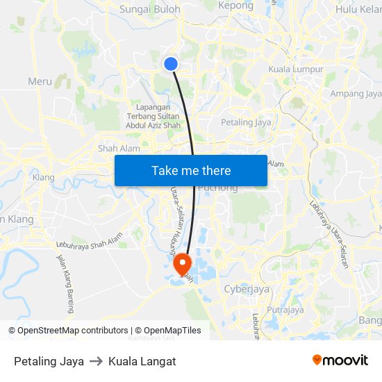 Petaling Jaya to Kuala Langat map