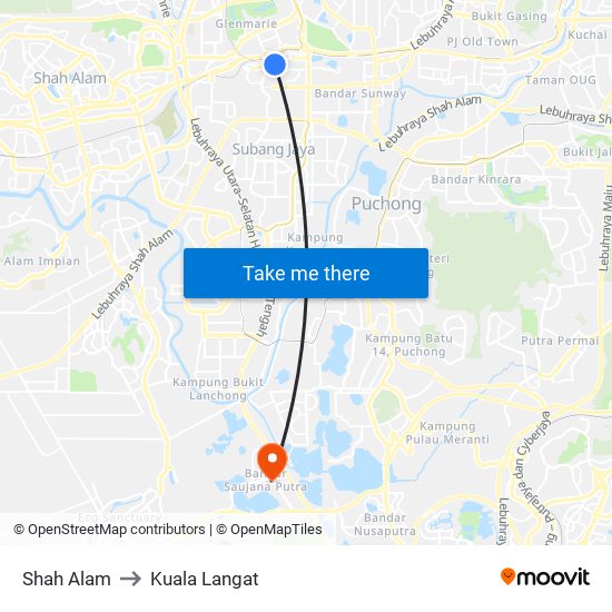 Shah Alam to Kuala Langat map
