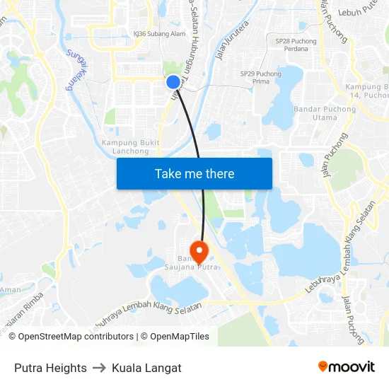 Putra Heights to Kuala Langat map
