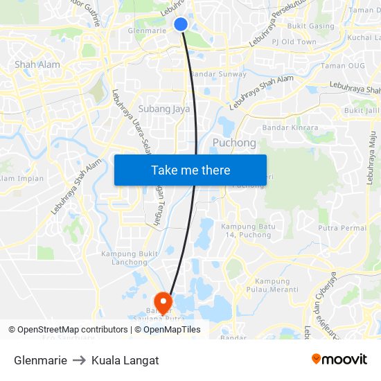 Glenmarie to Kuala Langat map