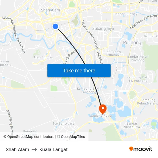 Shah Alam to Kuala Langat map