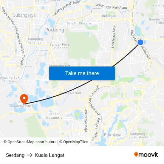 Serdang to Kuala Langat map