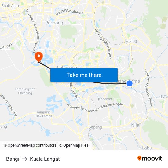 Bangi to Kuala Langat map