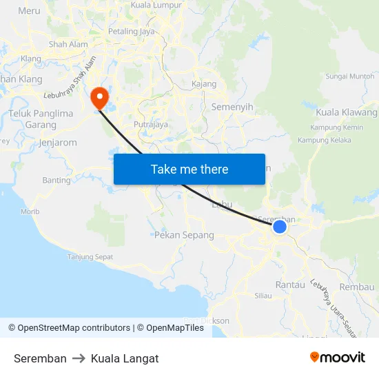 Seremban to Kuala Langat map