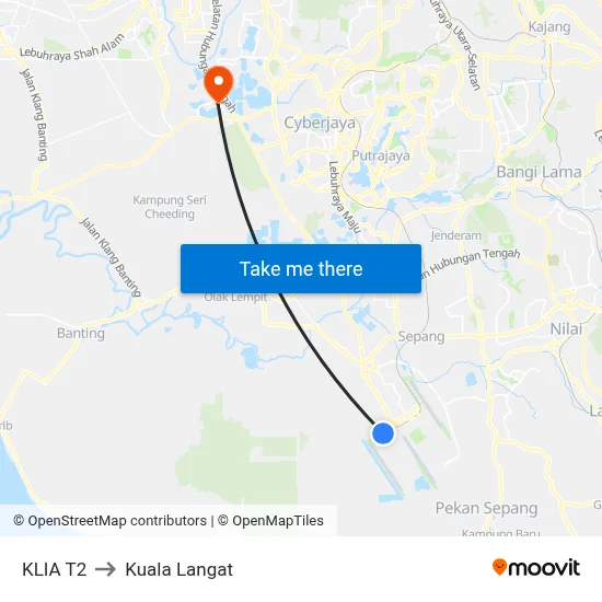 KLIA T2 to Kuala Langat map