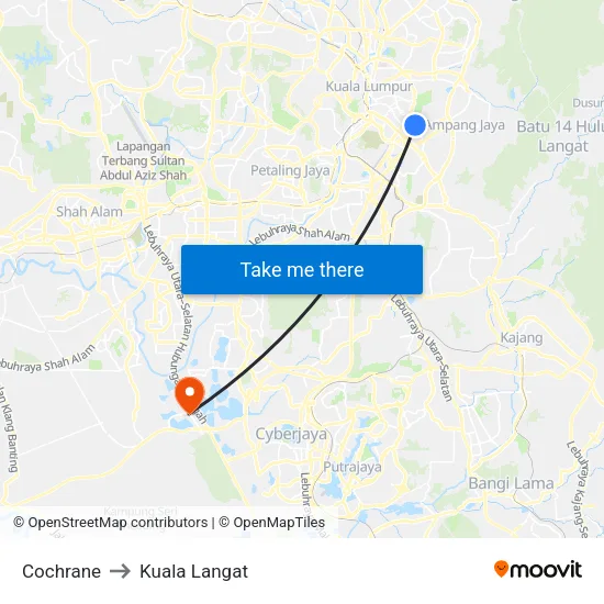 Cochrane to Kuala Langat map